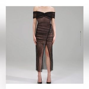 Self portrait DIAMANTE FISHNET OFF SHOULDER MIDI DRESS